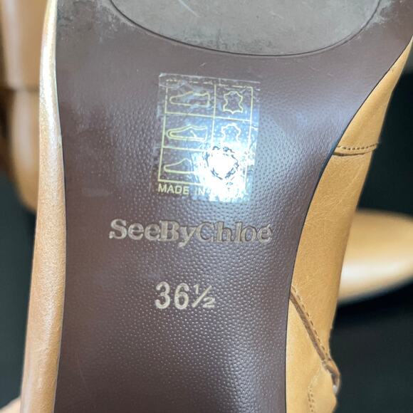 SEE BY CHLOE Hopper Leather Buckle Boots Block Heel Tan Brown Camel - Picture 8 of 9